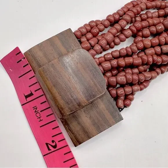 Bali Maroon Brown 14 Strand Bead Bracelet Wood Clasp Hard Wood Boho Casual - Picture 5 of 13